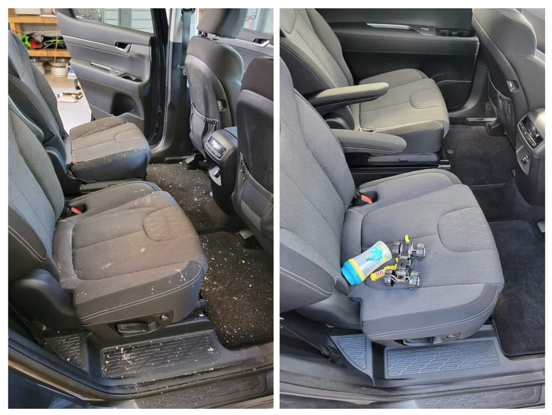 A remarkable before-and-after image showcasing the transformation of a once-dirty and cluttered car interior into a spotlessly clean and organized space.